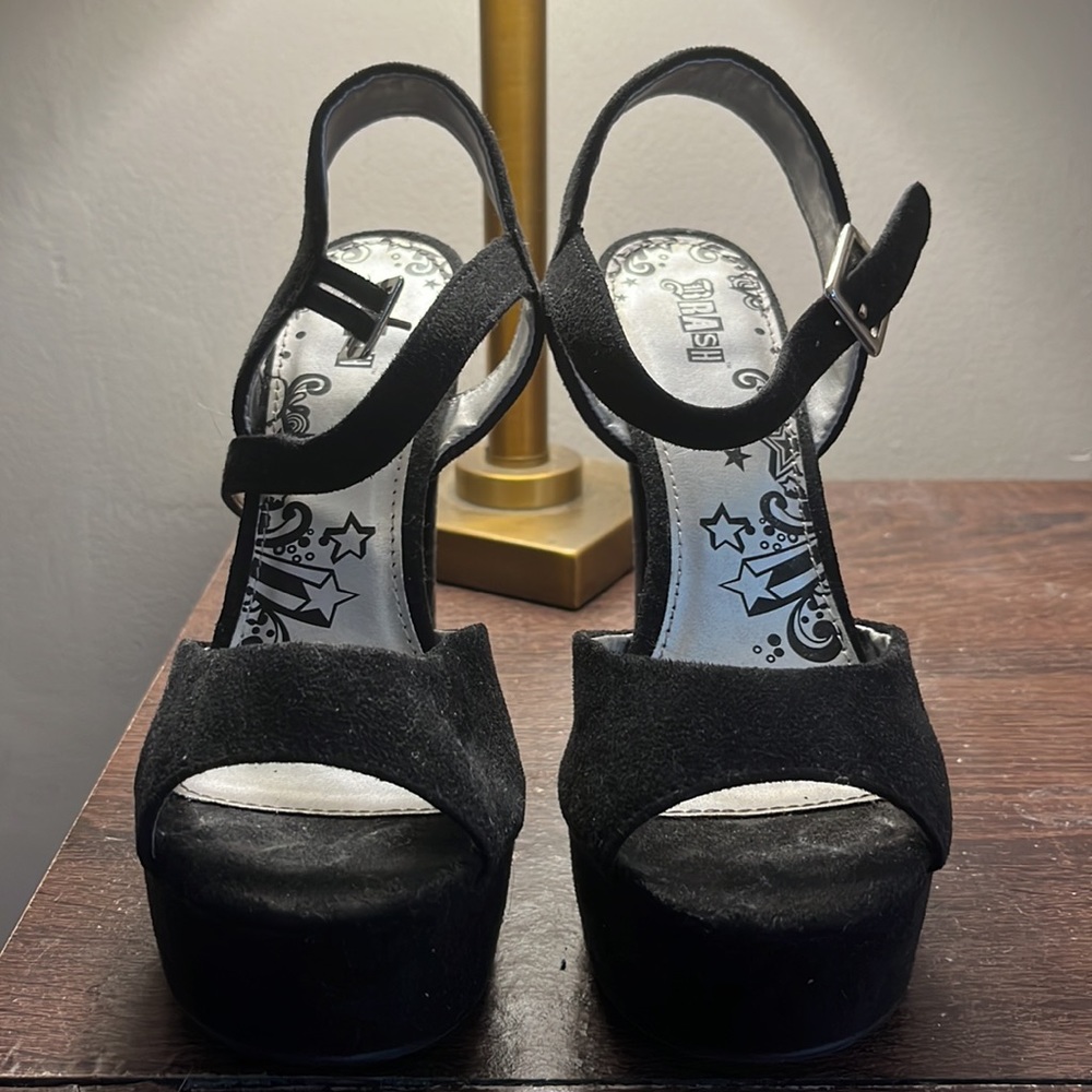 Black suede platform peep toe heels